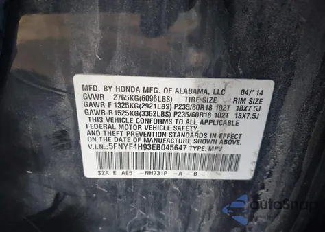 2014 Honda Pilot Touring z USA, uszkodzony, nr VIN 5FNYF4H93EB045647